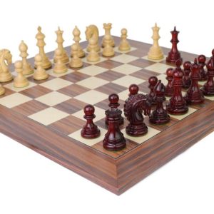 EZEKIEL | Red Budrose Chess Pieces | 110mm King | Santos Palisander & Sycamore Board | 60mm Squares